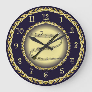 Clarinet ~ Musical Scroll ~ Gold/Navy Blue ~   Large Clock