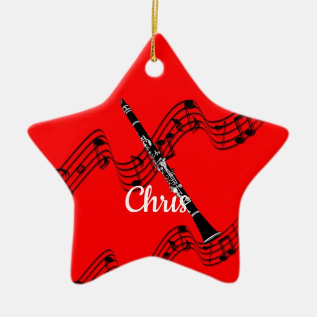 Clarinet on festive musical design, customizable ceramic ornament (Front)