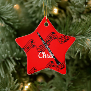 Clarinet on festive musical design, customizable ceramic ornament