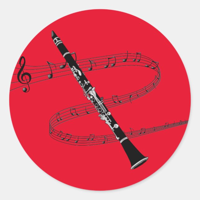 Clarinet on Red Musical Background Classic Round Sticker (Front)