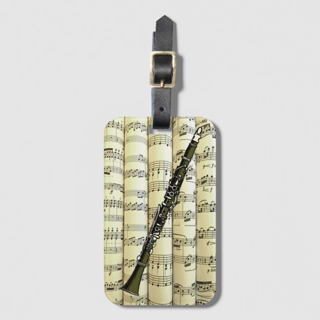 Clarinet On Rolled Sheet Music ~ Luggage Tag (Front Vertical)