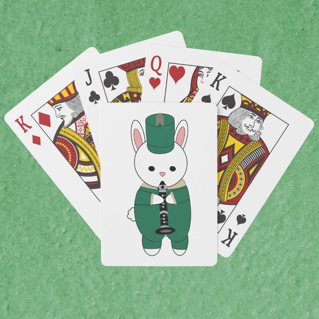 Clarinet Rabbit Marching Band Green Gold Playing Cards (A deck of cards with a rabbit playing the clarinet in a green and gold marching band uniform.)