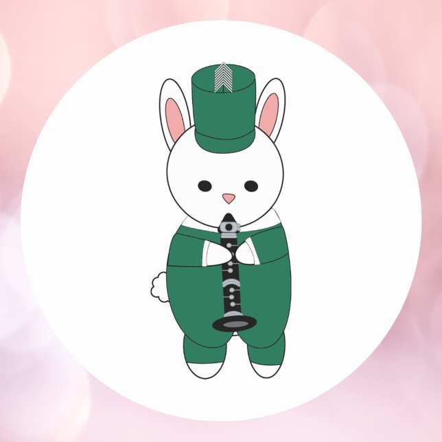 Clarinet Rabbit Marching Band Green White Classic Round Sticker (A sticker of a clarinet playing bunny rabbit wearing a green and white marching band outfit.)