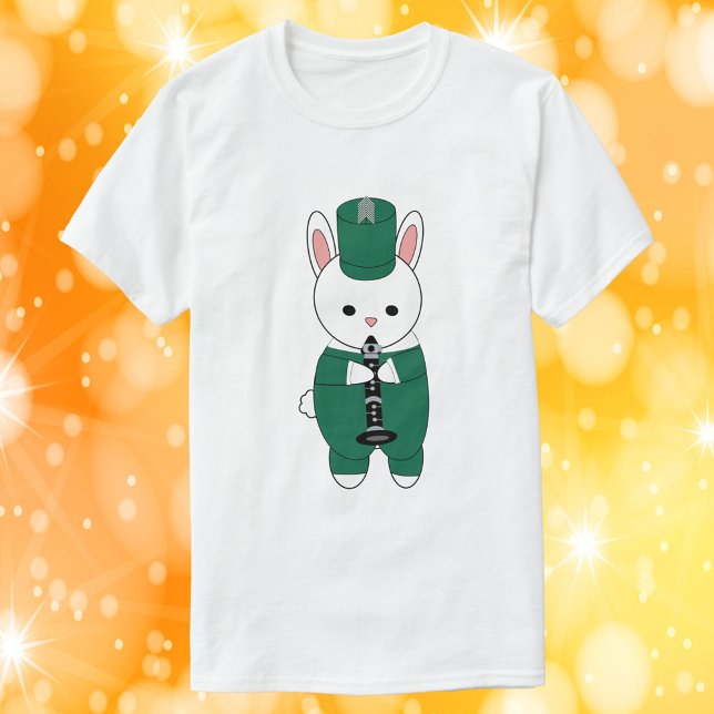 Clarinet Rabbit Marching Band Green White T-Shirt (A tshirt with a rabbit playing the clarinet while wearing a green and white marching band uniform.)
