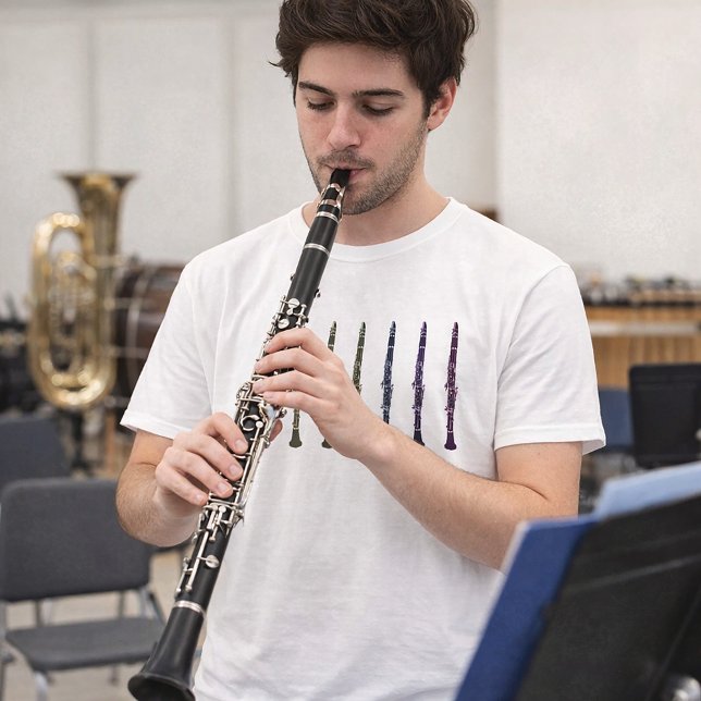 Clarinet Rainbow T-Shirt (A shirt with a clarinets in red, yellow, orange, green, purple, blue and pink)