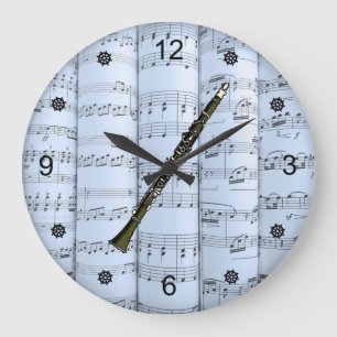 Clarinet~Rolled Sheet Music~Blue Tint Background~  Large Clock