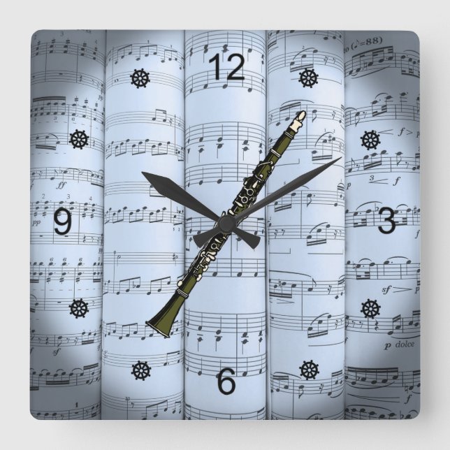 Clarinet~Rolled Sheet Music~Blue Tint Background~ Square Wall Clock (Front)