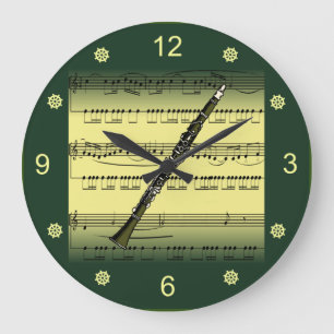 Clarinet~Rolled Sheet Music~Gold/Green Background~ Large Clock