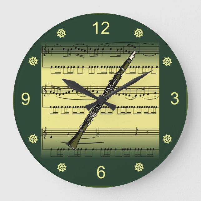 Clarinet~Rolled Sheet Music~Gold/Green Background~ Large Clock (Front)