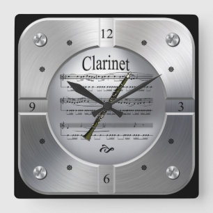 Clarinet ~ Sheet Music ~ Brushed Silver Color ~ Square Wall Clock