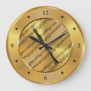 Clarinet  ~ Sheet Music ~ Gold Background ~ Unique Large Clock