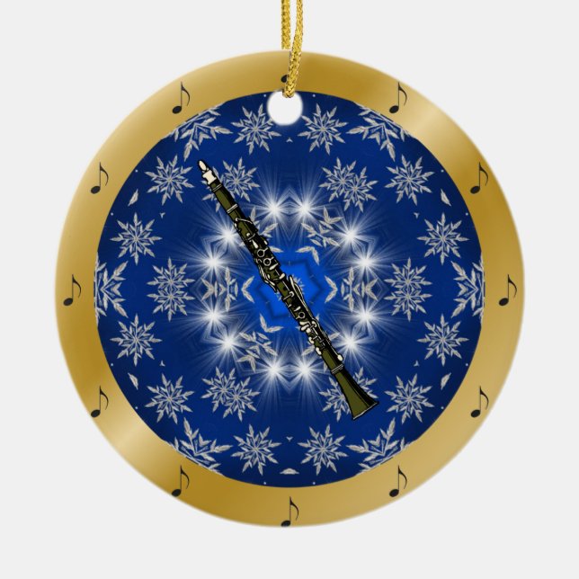 Clarinet ~ Silver ~ Blue ~ Gold ~ Christmas ~ Ceramic Ornament (Front)
