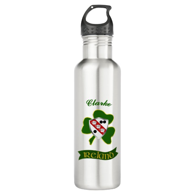 Clarke Irish Shield & Shamrock Personalized  710 Ml Water Bottle (Front)