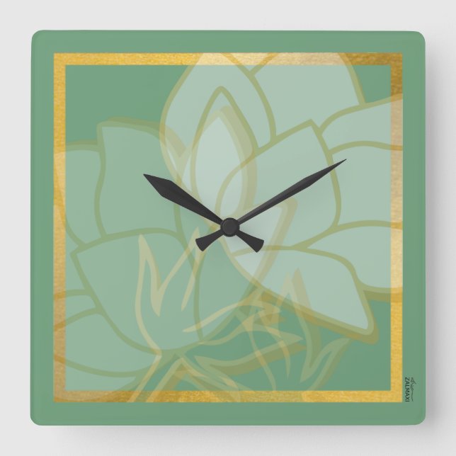Clasic Gold Green White Square Wall Clock (Front)