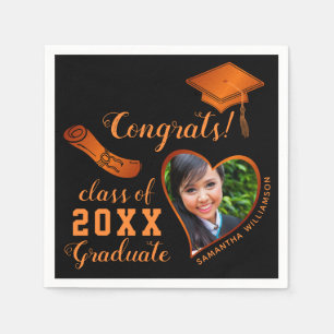 Class 2023 Grad Photo Black and Orange Graduation Napkin