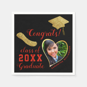 Class 2023 Grad Photo Black Red Gold Graduation Napkin