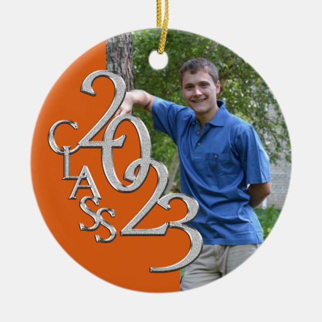Class 2023 Orange and Silver Graduate Photo Ceramic Ornament (Front)