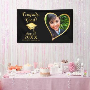 Class 2024 Grad Photo Black and Gold Graduation Banner