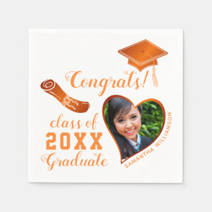 Class 2024 Grad Photo White and Orange Graduation Napkin