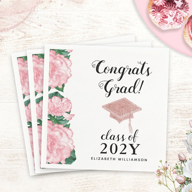 Class 2025 Congrats Grad Pink Flowers Graduation Napkin (Creator Uploaded)