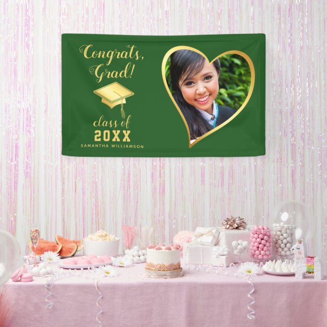Class 2025 Grad Photo Green and Gold Graduation Banner (Party)