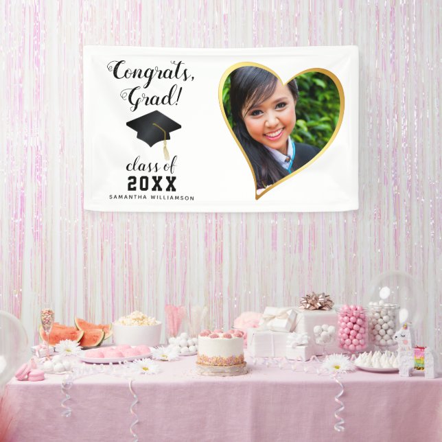 Class 2025 Grad Photo White Black Gold Graduation Banner (Party)