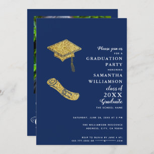 Class 2025 Navy Blue White Gold Photo Graduation Invitation
