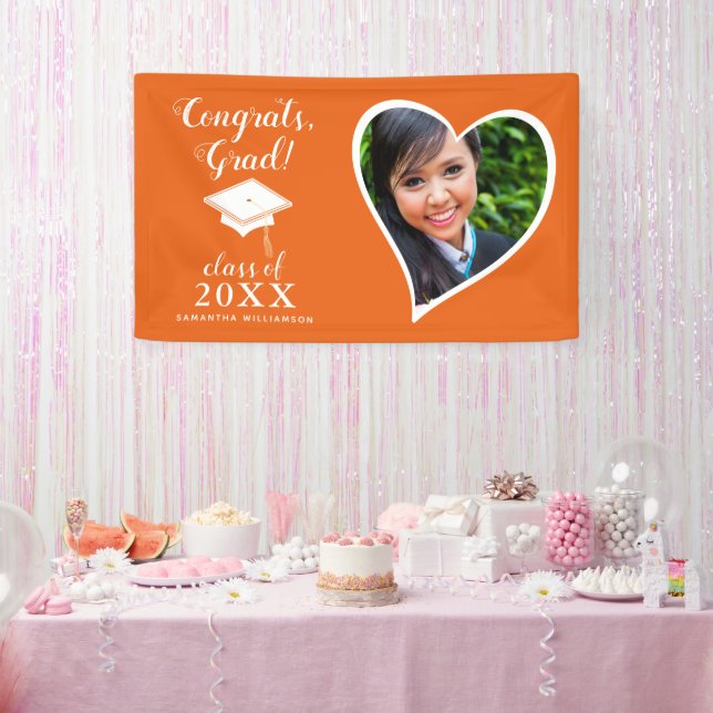 Class 2025 Photo Orange and White Graduation Banner (Party)