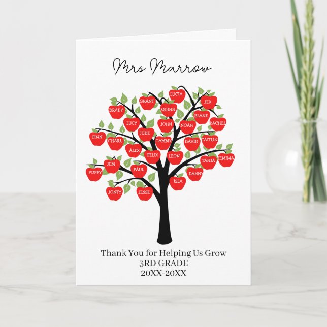 class names teacher thank you apple tree card (Front)