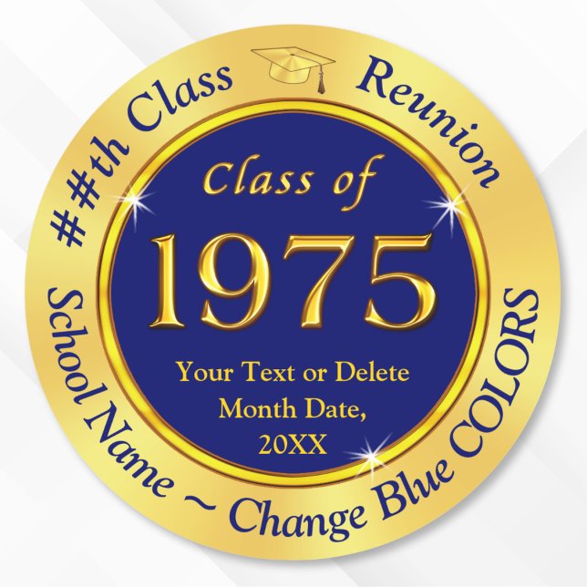Class of 1975, Customizable Class Reunion Stickers (Class of 1975 Reunion Stickers for 50th class reunion favor stickers for goodie bags. Blue and Gold.)