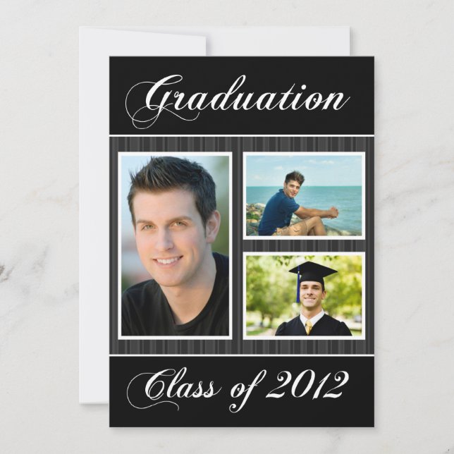 Class of 2012 Black Striped Graduation 3 Photo Invitation (Front)