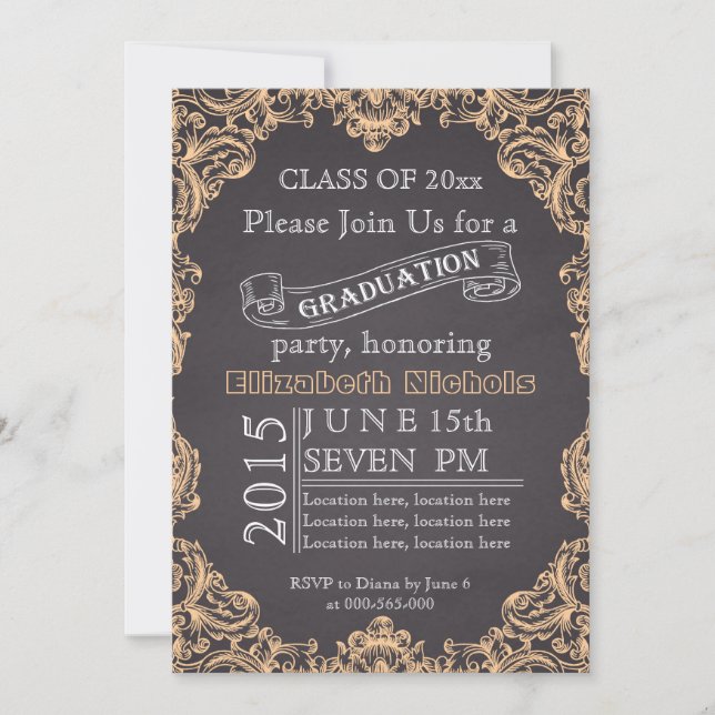 Class of 2015 chalkboard peach graduation invitation (Front)