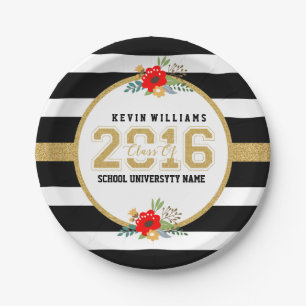 Class Of 2016 Gold Glitter Black & White Stripes Paper Plate