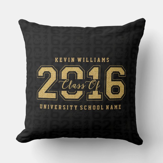 Class Of 2016 Gold Glitter On Black Pattern Throw Pillow (Front)