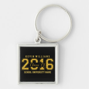 Class Of 2016 Text Gold Glitter On Black Keychain