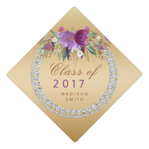 Class of 2017 Flowers Diamonds Gold Graduation Cap Topper
