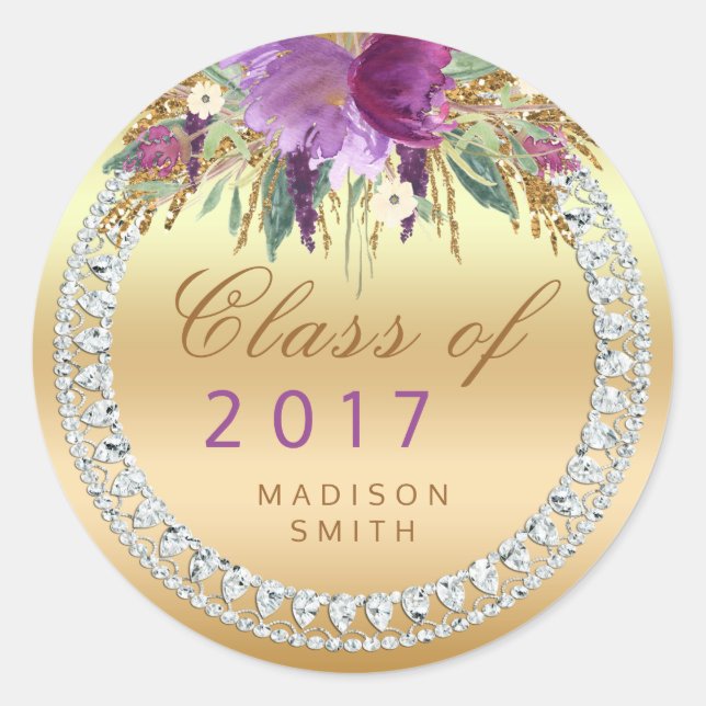 Class of 2017 Flowers Diamonds Gold Graduation Classic Round Sticker (Front)