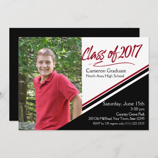 Class of 2017 Hand Script Black and Red Photo Invitation (Front/Back)