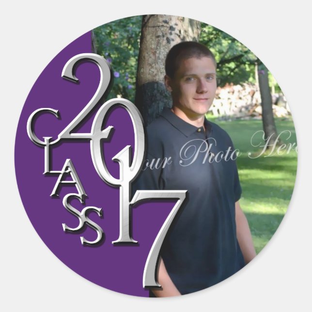 Class of 2017 Purple and Silver Graduation Photo Classic Round Sticker (Front)