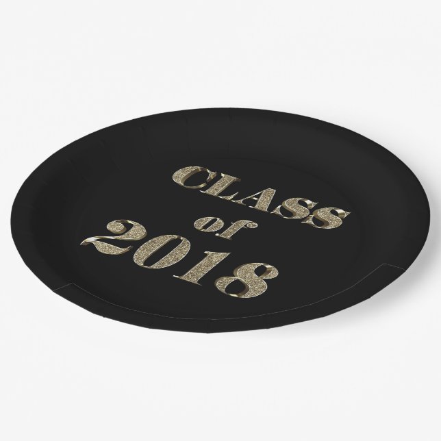 Class of 2018 Black and Gold Glitter Typography Paper Plate (Angled)