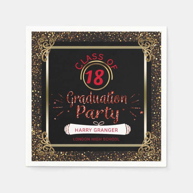 Class of 2018 Black Red Gold Graduation Party Napkin (Front)