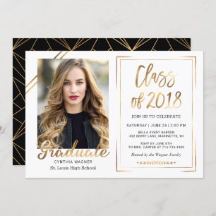 Class of 2018 Black White Gold Photo Graduation Invitation
