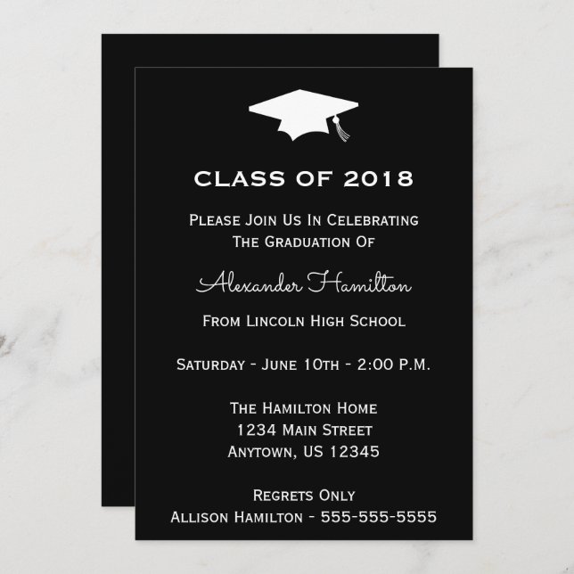 Class Of 2018 Cap Graduation Invitation (Black) (Front/Back)