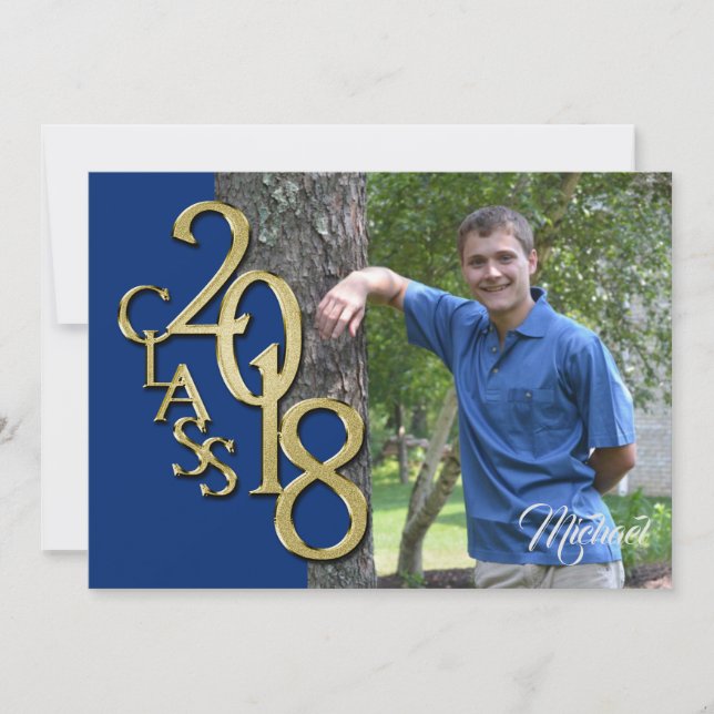 Class of 2018 Gold Photo Graduation Blue Invitation (Front)