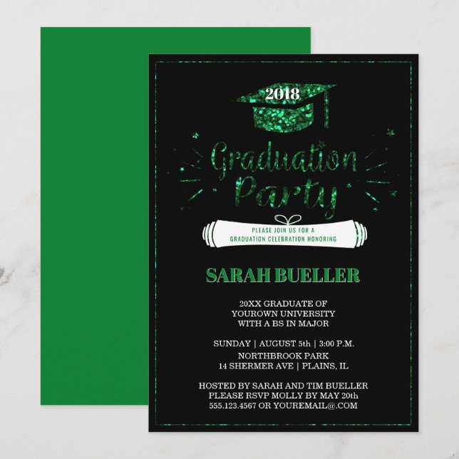 Class of 2018 Grad Cap Green Graduation Party Invitation (Front/Back)