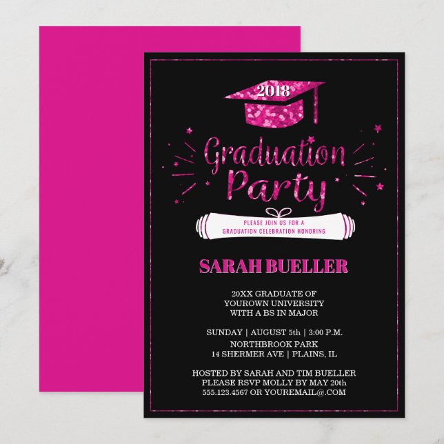Class of 2018 Grad Cap Pink Graduation Party Invitation (Front/Back)