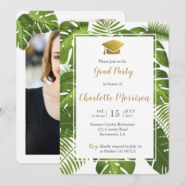 Class of 2018 tropical green gold photo card (Front/Back)