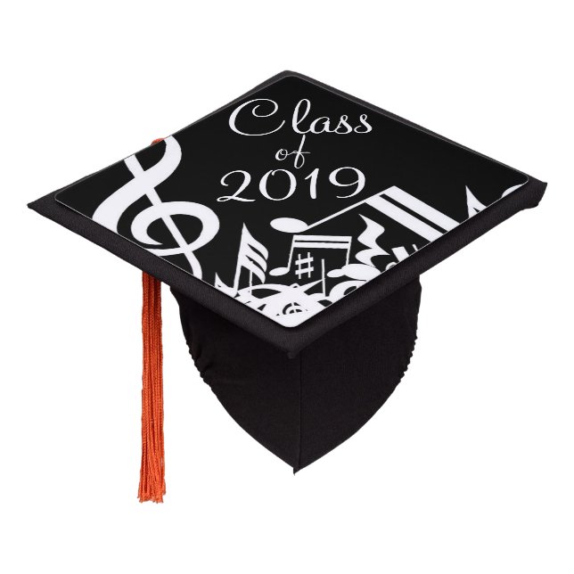Class of 2019 Black & White Musical Symbols on a Graduation Cap Topper (Angled)