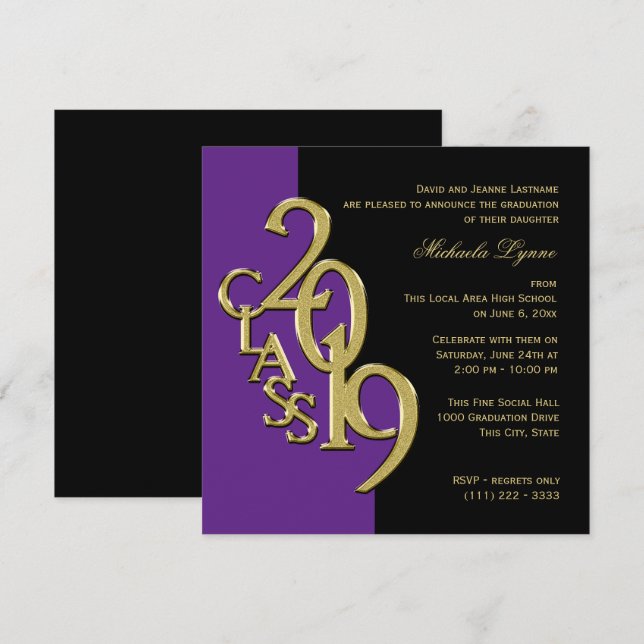 Class of 2019 Elegant Gold and Purple Invitation (Front/Back)