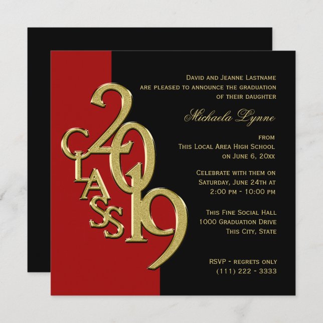 Class of 2019 Elegant Gold and Red Invitation (Front/Back)